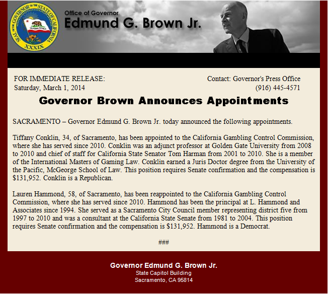 Governor Brown Announces Appointments